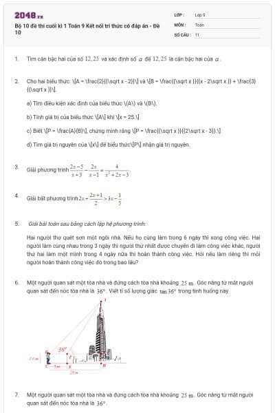 Bộ 10 đề thi cuối kì 1 Toán 9 Kết nối tri thức có đáp án - Đề 10