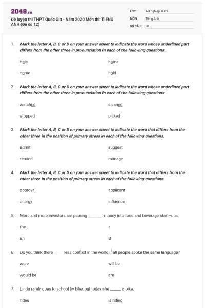 Đề luyện thi THPT Quốc Gia - Năm 2020 Môn thi: TIẾNG ANH (Đề số 12)