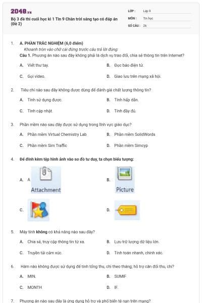 Bộ 3 đề thi cuối học kì 1 Tin 9 Chân trời sáng tạo có đáp án (Đề 2)
