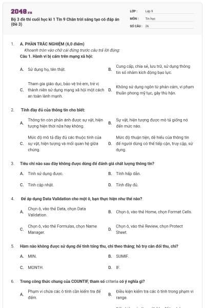 Bộ 3 đề thi cuối học kì 1 Tin 9 Chân trời sáng tạo có đáp án (Đề 3)