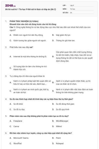 Đề thi cuối kì 1 Tin học 9 Kết nối tri thức có đáp án (Đề 2)