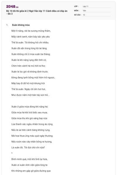 Bộ 10 đề thi giữa kì 2 Ngữ Văn lớp 11 Cánh diều có đáp án - Đề 3