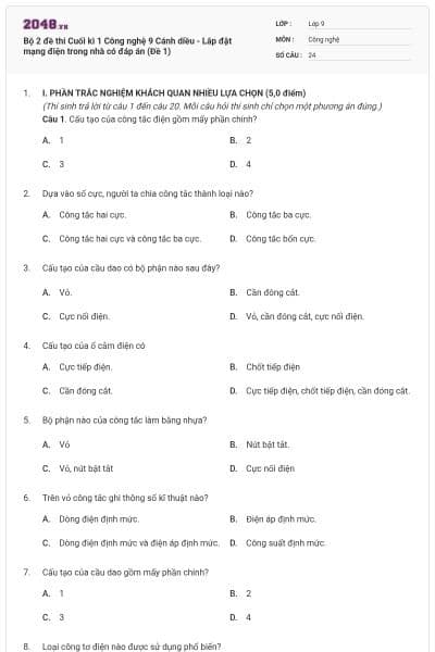 Bộ 2 đề thi Cuối kì 1 Công nghệ 9 Cánh diều - Lắp đặt mạng điện trong nhà có đáp án (Đề 1)
