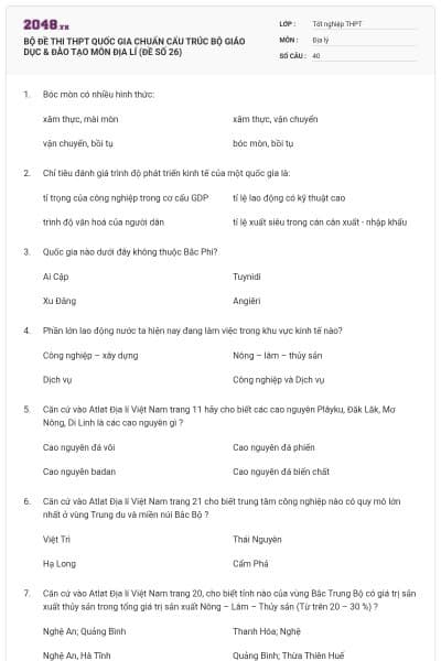BỘ ĐỀ THI THPT QUỐC GIA CHUẨN CẤU TRÚC BỘ GIÁO DỤC & ĐÀO TẠO MÔN ĐỊA LÍ (ĐỀ SỐ 26)