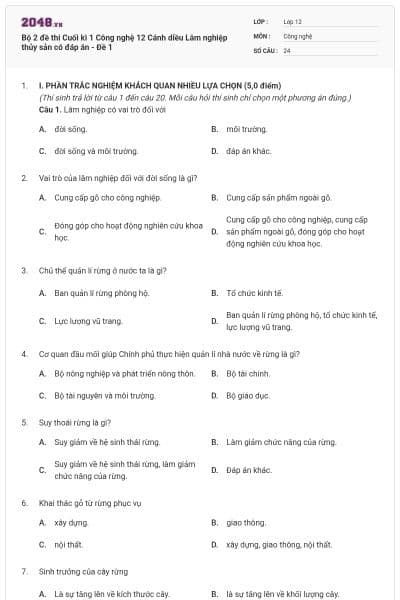 Bộ 2 đề thi Cuối kì 1 Công nghệ 12 Cánh diều Lâm nghiệp thủy sản có đáp án - Đề 1