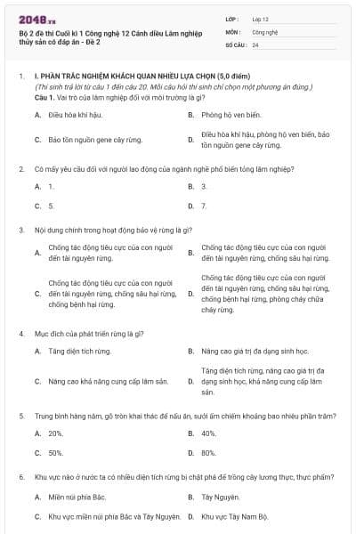 Bộ 2 đề thi Cuối kì 1 Công nghệ 12 Cánh diều Lâm nghiệp thủy sản có đáp án - Đề 2