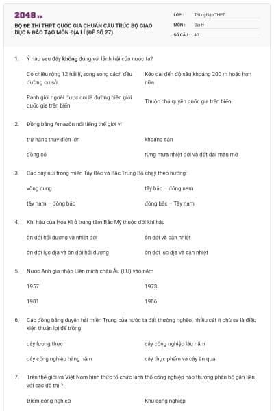 BỘ ĐỀ THI THPT QUỐC GIA CHUẨN CẤU TRÚC BỘ GIÁO DỤC & ĐÀO TẠO MÔN ĐỊA LÍ (ĐỀ SỐ 27)