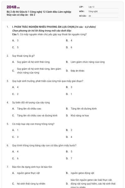Bộ 2 đề thi Giữa kì 1 Công nghệ 12 Cánh diều Lâm nghiệp thủy sản có đáp án - Đề 2