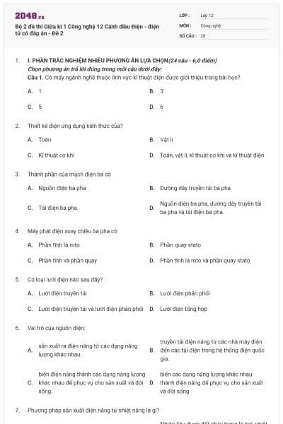 Bộ 2 đề thi Giữa kì 1 Công nghệ 12 Cánh diều Điện - điện tử có đáp án - Đề 2