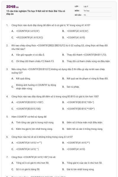 15 câu trắc nghiệm Tin học 9 Kết nối tri thức Bài 10a có đáp án