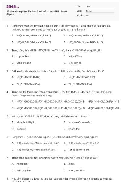 15 câu trắc nghiệm Tin học 9 Kết nối tri thức Bài 12a có đáp án