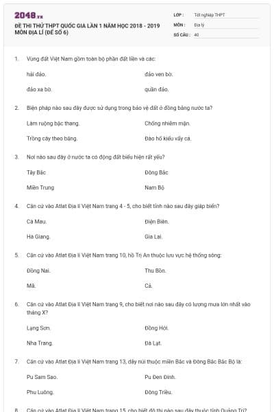 ĐỀ THI THỬ THPT QUỐC GIA LẦN 1 NĂM HỌC 2018 - 2019 MÔN ĐỊA LÍ (ĐẾ SỐ 6)
