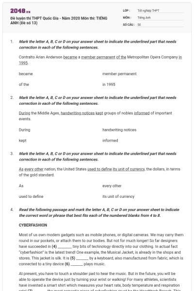Đề luyện thi THPT Quốc Gia - Năm 2020 Môn thi: TIẾNG ANH (Đề số 13)