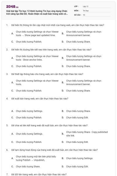 Giải bài tập Tin học 12 Định hướng Tin học ứng dụng Chân trời sáng tạo Bài E8. Hoàn thiện và xuất bản trang web có đáp án