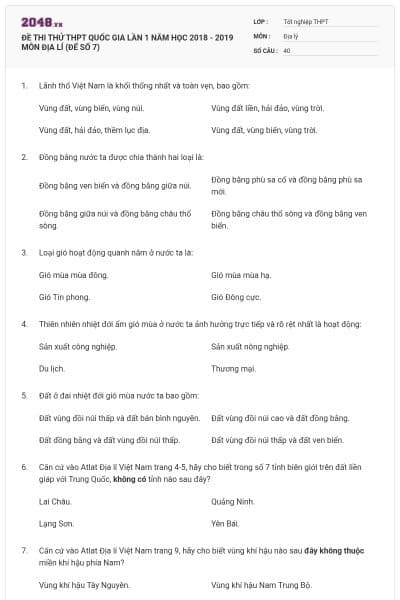 ĐỀ THI THỬ THPT QUỐC GIA LẦN 1 NĂM HỌC 2018 - 2019 MÔN ĐỊA LÍ (ĐẾ SỐ 7)