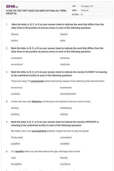24 ĐỀ THI THỬ THPT QUỐC GIA NĂM 2019 Môn thi: TIẾNG ANH(P18)