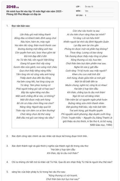 Đề minh họa thi vào lớp 10 môn Ngữ văn năm 2025 - Phòng GD Phú Nhuận có đáp án