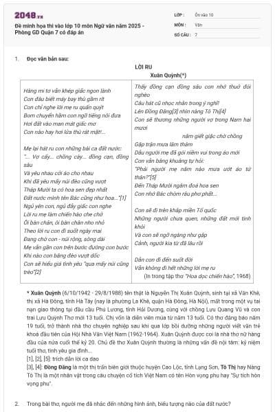 Đề minh họa thi vào lớp 10 môn Ngữ văn năm 2025 - Phòng GD Quận 7 có đáp án