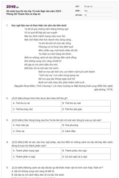 Đề minh họa thi vào lớp 10 môn Ngữ văn năm 2025 - Phòng GD Thanh Hóa có đáp án