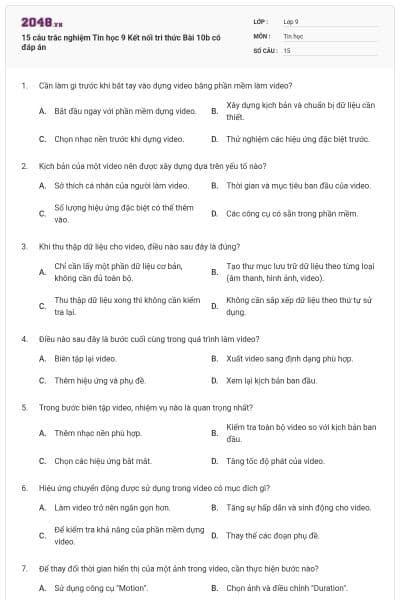 15 câu trắc nghiệm Tin học 9 Kết nối tri thức Bài 10b có đáp án