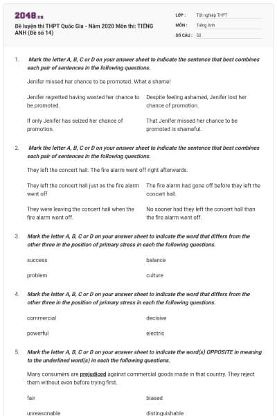 Đề luyện thi THPT Quốc Gia - Năm 2020 Môn thi: TIẾNG ANH (Đề số 14)