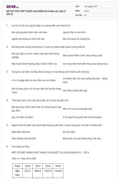 ĐỀ THI THỬ THPT QUỐC GIA NĂM 2019 Môn thi: ĐỊA LÍ (Đề 6)