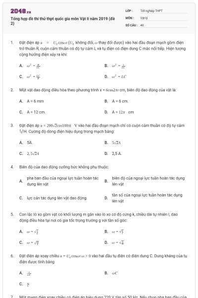 Tổng hợp đề thi thử thpt quốc gia môn Vật lí năm 2019 (đề 2)