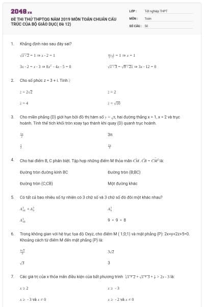 ĐỀ THI THỬ THPTQG NĂM 2019 MÔN TOÁN CHUẨN CẤU TRÚC CỦA BỘ GIÁO DỤC( Đề 12)