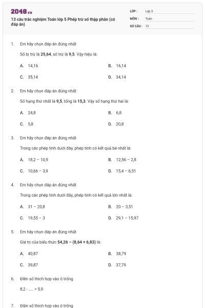 13 câu trắc nghiệm Toán lớp 5 Phép trừ số thập phân (có đáp án)