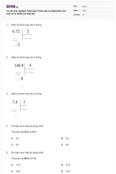 10 câu trắc nghiệm Toán lớp 5 Chia một số thập phân cho một số tự nhiên (có đáp án)
