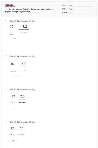 11 câu trắc nghiệm Toán lớp 5 Chia một số tự nhiên cho một số thập phân (có đáp án)