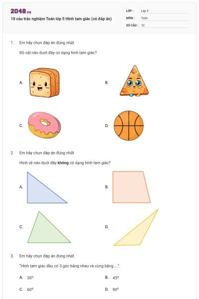 10 câu trắc nghiệm Toán lớp 5 Hình tam giác (có đáp án)