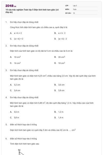 10 câu trắc nghiệm Toán lớp 5 Diện tích hình tam giác (có đáp án)