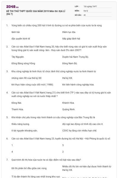 ĐỀ THI THỬ THPT QUỐC GIA NĂM 2019 Môn thi: ĐỊA LÍ (Đề 7)