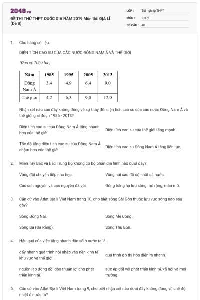 ĐỀ THI THỬ THPT QUỐC GIA NĂM 2019 Môn thi: ĐỊA LÍ (Đề 8)