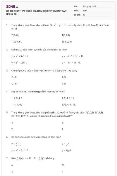 ĐỀ THI THỬ THPT QUỐC GIA NĂM HỌC 2019 MÔN TOÁN (Đề số 18)