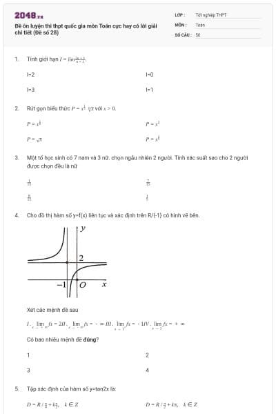 Đề ôn luyện thi thpt quốc gia môn Toán cực hay có lời giải chi tiết (Đề số 28)