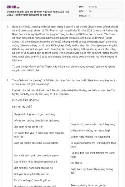 Đề minh họa thi vào lớp 10 môn Ngữ văn năm 2025 - Sở GD&ĐT Bình Phước (chuyên) có đáp án