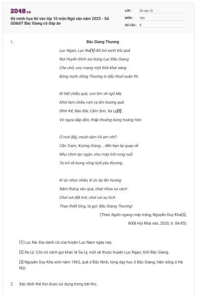 Đề minh họa thi vào lớp 10 môn Ngữ văn năm 2025 - Sở GD&ĐT Bắc Giang có đáp án