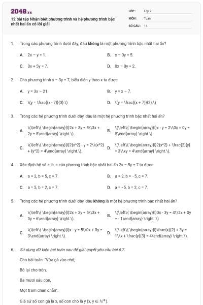 12 bài tập Nhận biết phương trình và hệ phương trình bậc nhất hai ẩn có lời giải