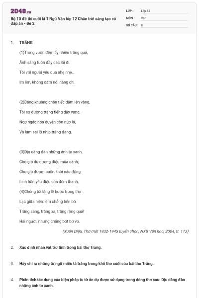 Bộ 10 đề thi cuối kì 1 Ngữ Văn lớp 12 Chân trời sáng tạo có đáp án - Đề 2