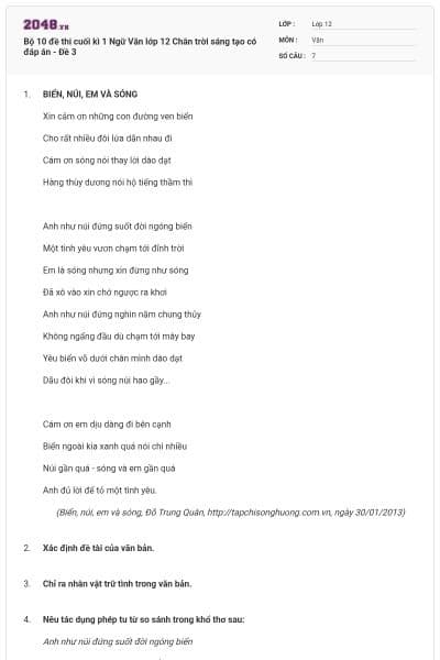 Bộ 10 đề thi cuối kì 1 Ngữ Văn lớp 12 Chân trời sáng tạo có đáp án - Đề 3