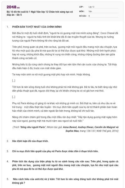 Bộ 10 đề thi cuối kì 1 Ngữ Văn lớp 12 Chân trời sáng tạo có đáp án - Đề 5