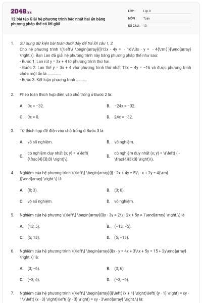 12 bài tập Giải hệ phương trình bậc nhất hai ẩn bằng phương pháp thế có lời giải