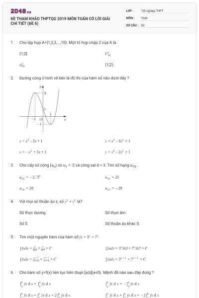 ĐỀ THAM KHẢO THPTQG 2019 MÔN TOÁN CÓ LỜI GIẢI CHI TIẾT (ĐỀ 6)