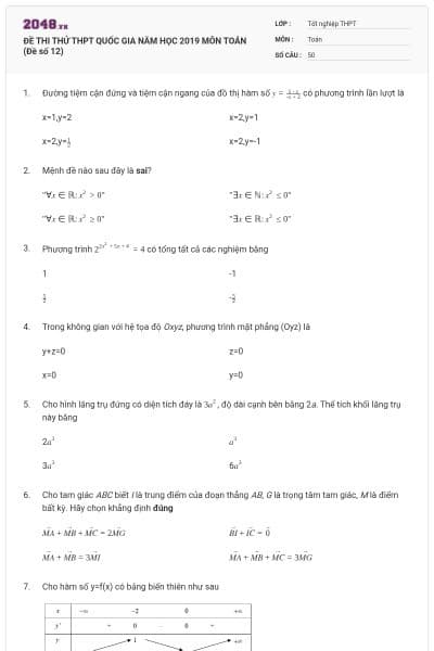 ĐỀ THI THỬ THPT QUỐC GIA NĂM HỌC 2019 MÔN TOÁN (Đề số 12)