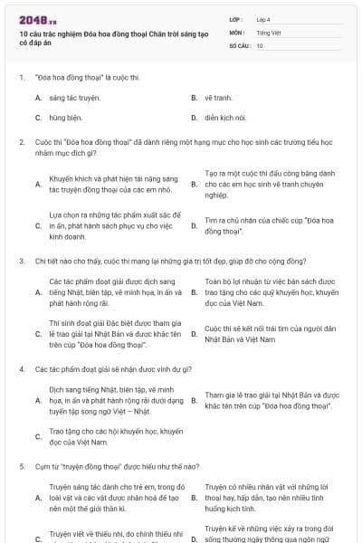 10 câu trắc nghiệm Đóa hoa đồng thoại Chân trời sáng tạo có đáp án