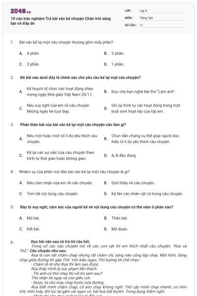 10 câu trắc nghiệm Trả bài văn kể chuyện Chân trời sáng tạo có đáp án