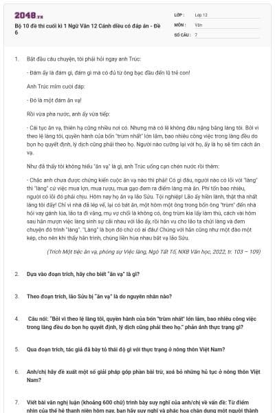 Bộ 10 đề thi cuối kì 1 Ngữ Văn 12 Cánh diều có đáp án - Đề 6