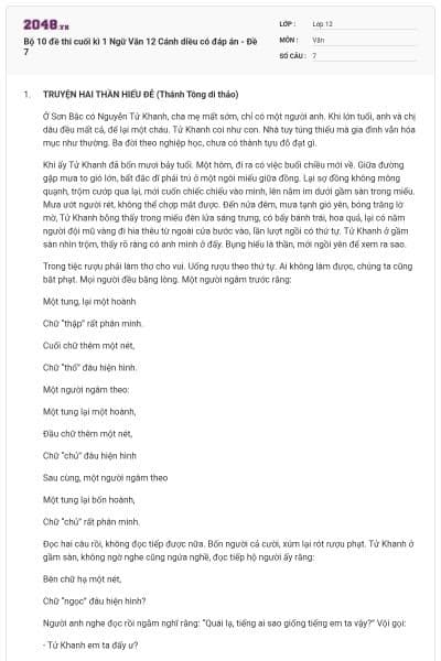 Bộ 10 đề thi cuối kì 1 Ngữ Văn 12 Cánh diều có đáp án - Đề 7